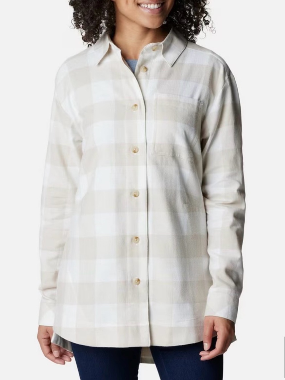 Columbia Women's Beige and White Plaid Button-Down Shirt